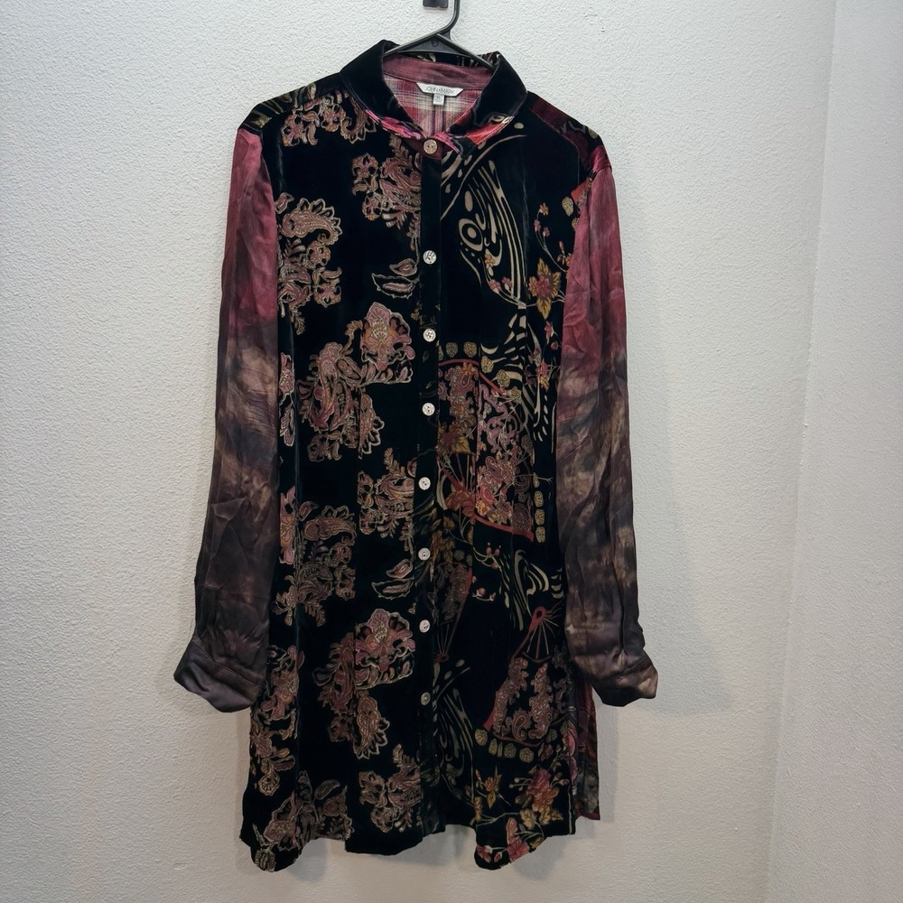 John Mark Top Tunic XL Black Floral Burnout Velvet Button Up Sheer Oversized